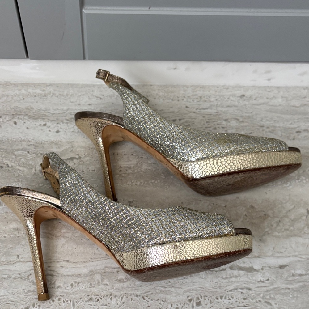 Jimmy Choo Silver Gold Glitter Peep-Toe Slingback Heels